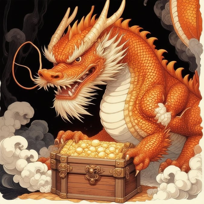 This anime-inspired wallpaper features a powerful dragon guarding a treasure chest, set against a dark background. The dragon's vibrant orange and yellow scales are intricately detailed, while its intense gaze commands attention. The scene is filled with movement and depth, making it a captivating addition to any digital space.