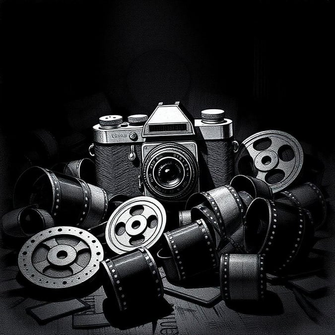 Capture timeless moments with this vintage film camera, symbolizing the passion for photography through the years. The black and white aesthetic brings a sense of nostalgia and highlights the artistry behind film photography.