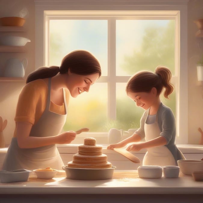 A warm scene of mother-daughter bonding as they prepare to decorate a cake together. A perfect image for Mother's Day celebrations.