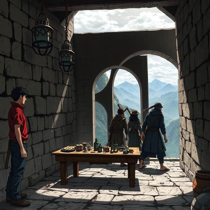 This anime illustration depicts a group of stealthy ninja warriors navigating through a mysterious temple, with a focus on their sneaky movements and the ancient traps that surround them.