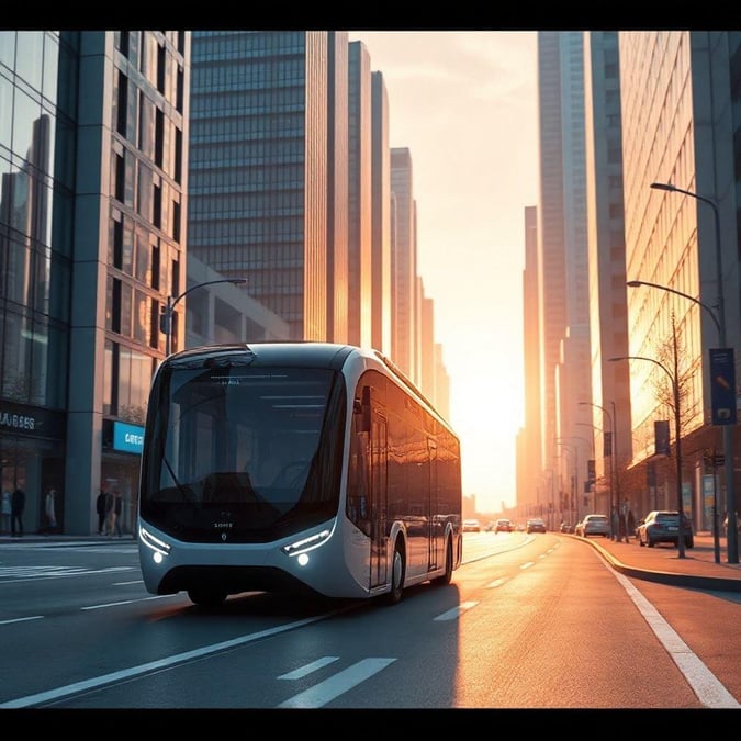 Discover the latest in urban mobility with this modern electric bus driving through a vibrant cityscape at sunset. Embrace the technology revolution in transport.