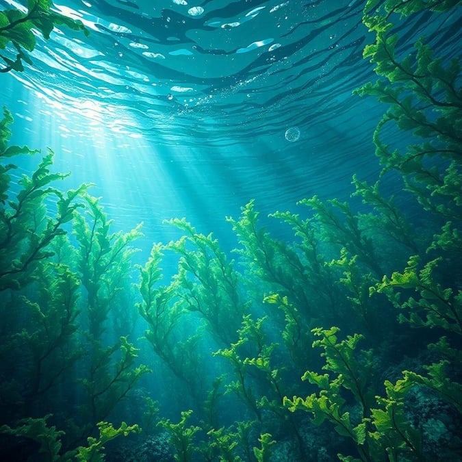 Explore the vibrant beauty of an ocean floor adorned with lush green plants. This wallpaper brings a sense of tranquility and adventure to your desktop.