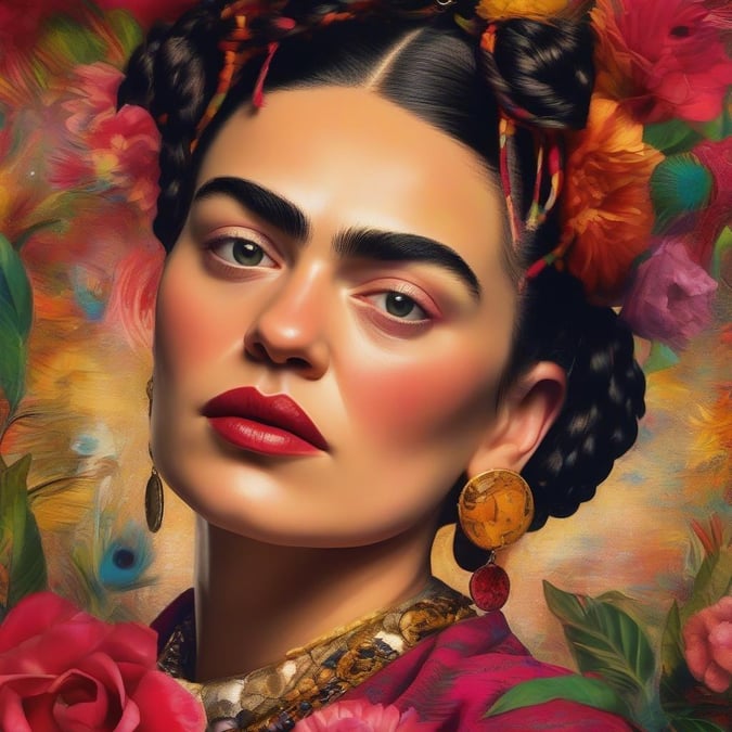 A vibrant and detailed portrait of a celebrity, adorned with flowers and symbolic earrings, perfect for your desktop or mobile device.