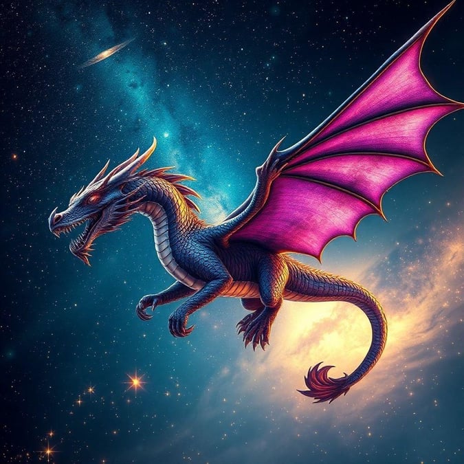 A majestic dragon soaring through an enchanting starlit sky, set against a backdrop of celestial bodies.