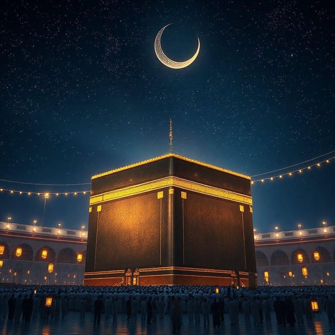 A group of Muslims gather around the Kaaba, the most sacred site in Islam, during the annual Hajj pilgrimage. The holy shrine is illuminated against the night sky, with crescent moon above and stars twinkling below.