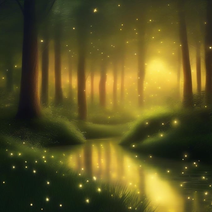 A tranquil scene in the heart of a mystical forest, where the soft glow of twilight bathes the foliage and a gentle stream meanders through the undergrowth. The air is alive with the hum of bees and the rustling of leaves as the day transitions into night.