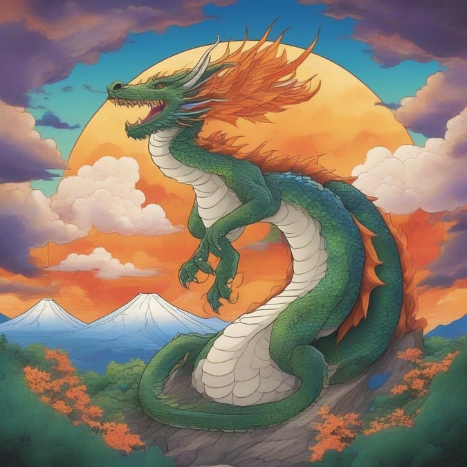 En anime-stil illustration som skildrar en vild drake som dyker upp från sluttningarna av Mount Fuji, mot en dramatisk himmel fylld med livliga moln. Drakens vrålande hållning och bakgrunden av naturens återfödelse väcker en känsla av kraft och motståndskraft.