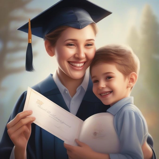 A graduate, adorned with the achievement of their academic milestone, shares a proud moment with their young child. This wallpaper captures the essence of accomplishment and the joy it brings to those who share in it.