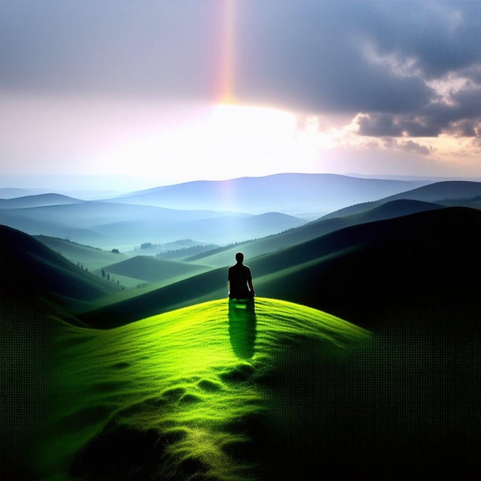 A serene and mystical scene with hills, rainbow skies, and a solitary figure in the foreground, evoking a sense of tranquility and adventure that resonates with the spirit of St. Patrick's Day.