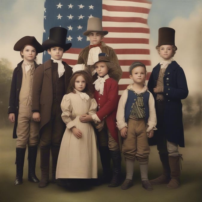 Celebrate Independence Day with this stunning wallpaper featuring children dressed in vintage American attire, set against the backdrop of the American flag. This image embodies the spirit of freedom and patriotism.