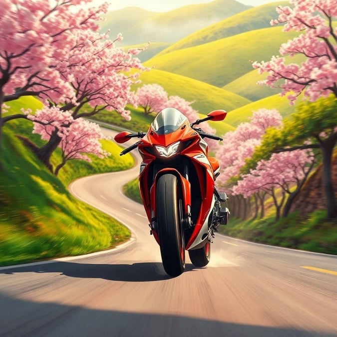 Experience the thrill of high-speed motorcycle racing through the picturesque Japanese countryside, where cherry blossom trees line the road and a sense of motion and energy fills the air.