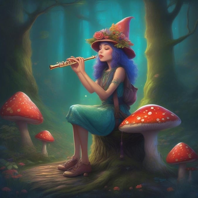 A young girl with purple hair and a matching hat plays a flute in a fantastical forest, surrounded by towering trees and lush greenery.