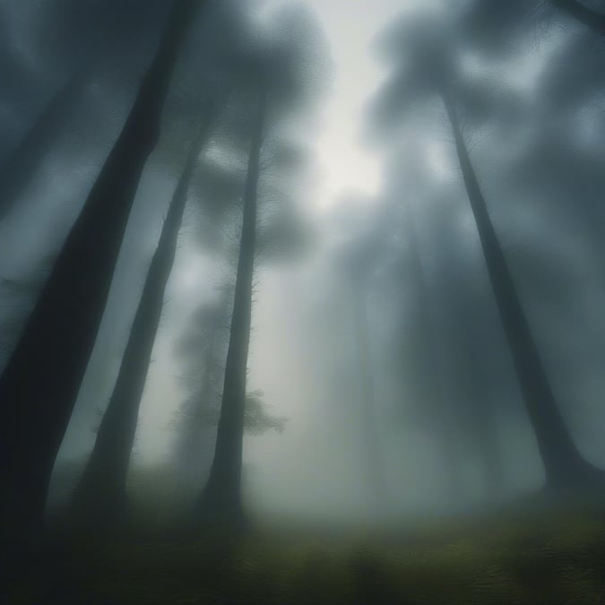 A tranquil dawn in the misty forest, with tall trees reaching upwards into the foggy sky. This wallpaper captures the serenity and mystery of nature's early hours.