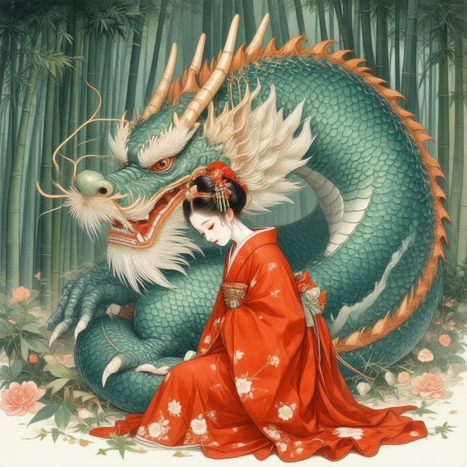 A serene and peaceful scene featuring a geisha resting her head on the lap of a majestic dragon in a lush bamboo forest, showcasing the beauty of nature and the magic of anime.