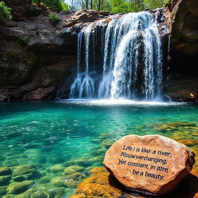 A serene scene with a waterfall, a rock with a quote, and the tranquil blue-green waters of the river.