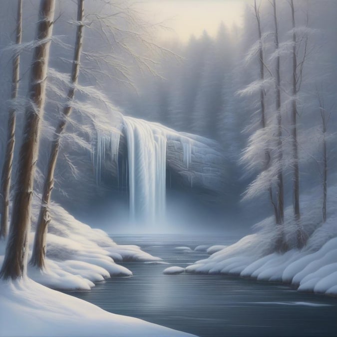 This serene winter scene is perfect for a desktop or mobile wallpaper. The frozen waterfall and snow-covered trees create a peaceful and calming atmosphere, making it ideal for those who want to relax and unwind.