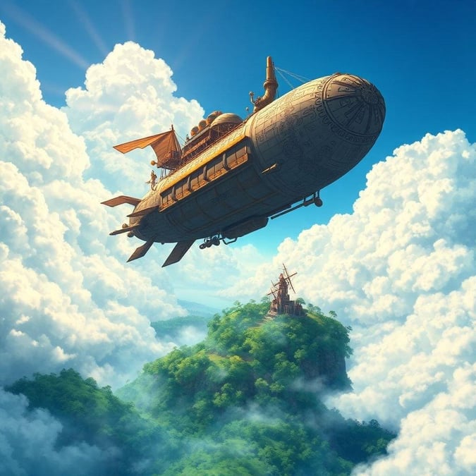 Embark on a fantastical journey with this stunning anime-style airship wallpaper, featuring a steam-powered vessel soaring through the sky above a mystical forest and a small island in the distance.