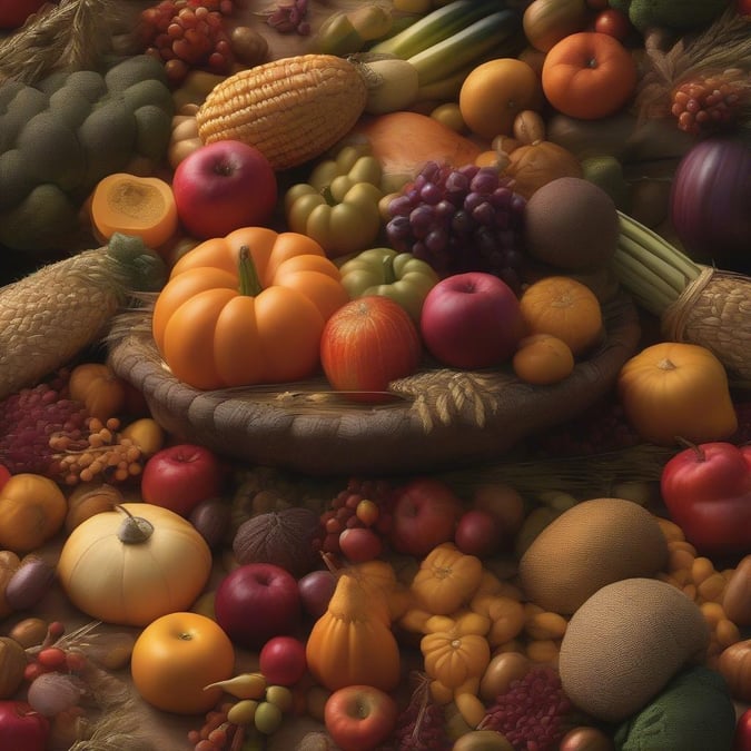 This stunning wallpaper captures the essence of Thanksgiving, featuring a vibrant array of fruits and vegetables in a colorful display. The image showcases a diverse selection of produce, including pumpkins, apples, grapes, and more, arranged in a visually appealing way that evokes the spirit of the holiday.