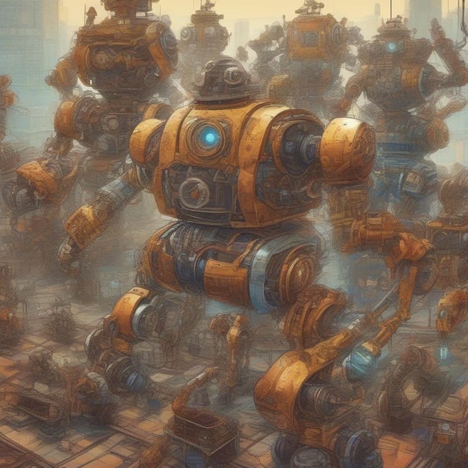 A group of robotic characters, each with its own unique design, gathered together in a hive of activity. They appear to be in motion, suggesting they are either in operation or perhaps partaking in a communal assembly or task.