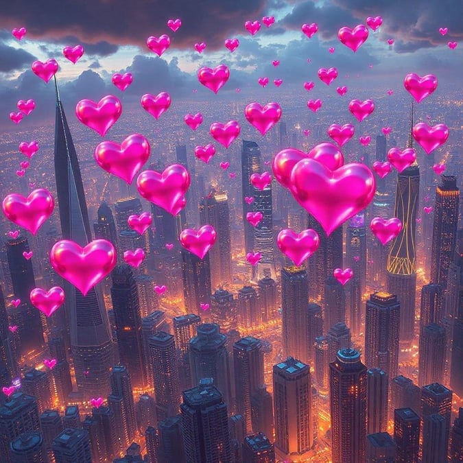 Celebrate the love in the air with a heart-filled sky above a bustling city. This wallpaper is perfect for Valentine's Day!