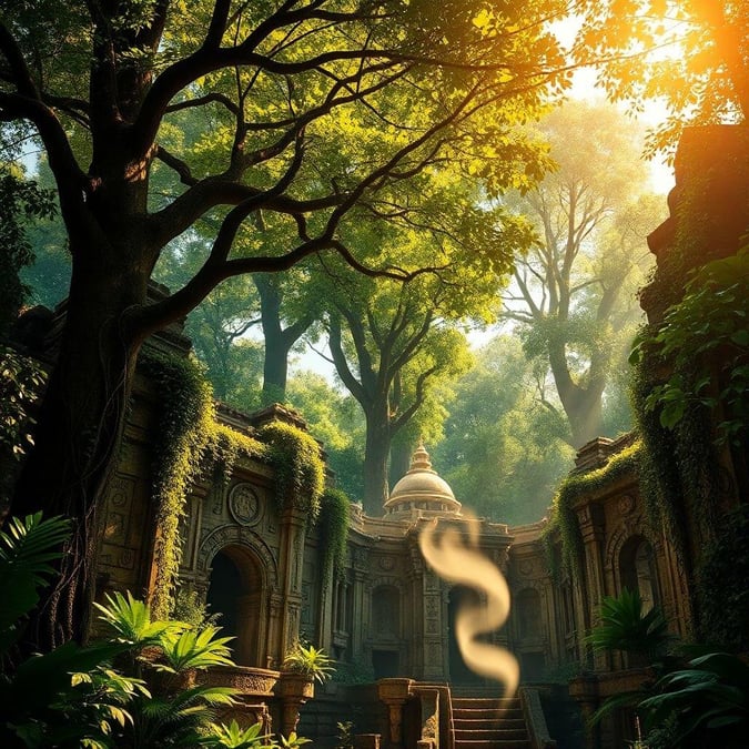 This image captures the enchanting beauty of ancient ruins hidden within a lush jungle. Steps leading to a hidden temple can be seen, inviting viewers into a place where time has stood still. The overgrowth and sunlight streaming through create an atmosphere of mystery and tranquility.