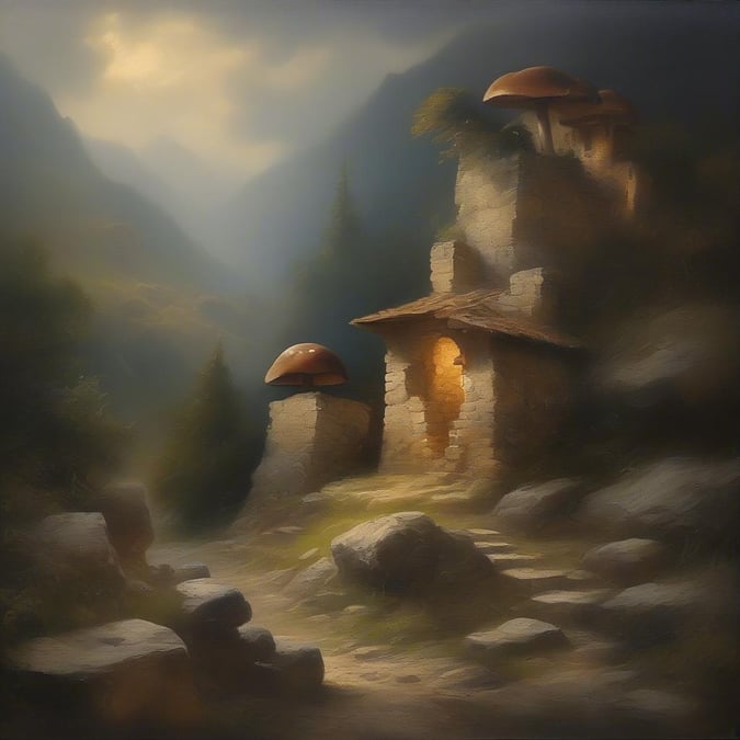 This image is a beautiful wallpaper of a mushroom house in the mountains. The house is made of stone and has a mushroom-shaped roof, giving it a unique and whimsical appearance. The house is surrounded by tall trees and rolling hills, creating a peaceful and serene atmosphere. The sky is a bright blue with a few wispy clouds, adding to the sense of calmness. This image is perfect for anyone who loves nature and wants to bring a touch of magic into their home.