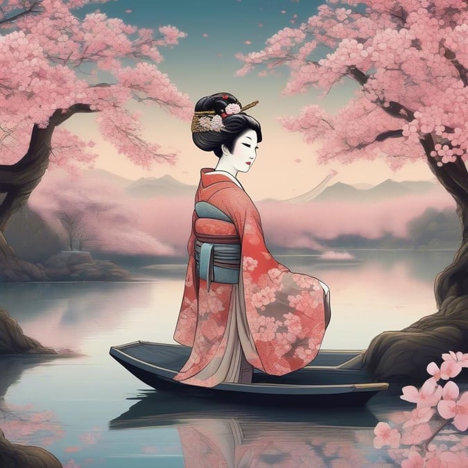 Dyk ner i den fridfulla skönheten i denna anime-illustration, där en geisha står graciöst vid kanten av en lugn damm, omgiven av de livliga färgerna av körsbärsträd.