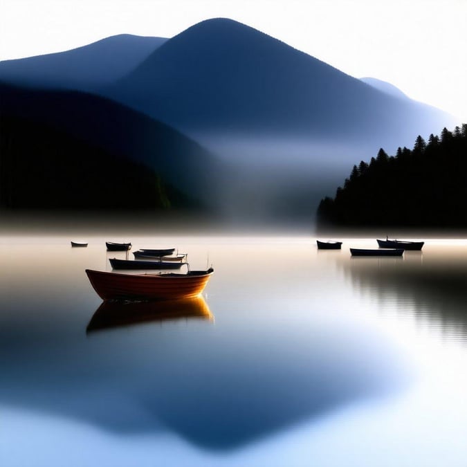 A serene lake with boats, under the soft light of dawn with a hazy mountain backdrop.