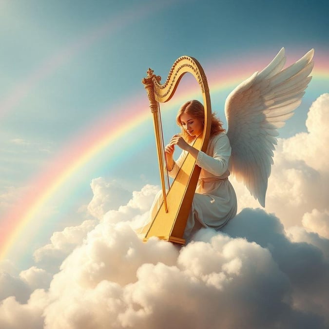 An angelic figure playing the lyre, embodying music from heaven. The scene is set against a backdrop of radiant clouds and a rainbow, symbolizing her connection to the celestial sphere.