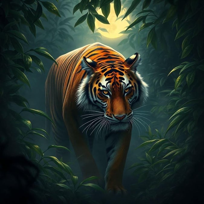 This wallpaper features a majestic tiger amidst the lush greenery of a tropical rainforest. The powerful predator is captured in profile, exuding an air of quiet strength and resilience as it navigates the dense jungle landscape.