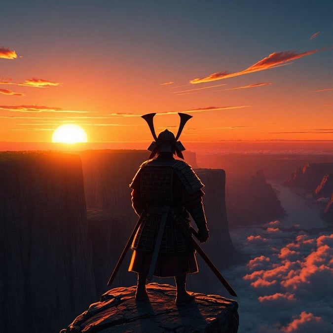 A solitary warrior watches the sun dip below the horizon, embodying the spirit of resilience and honor in this anime wallpaper.