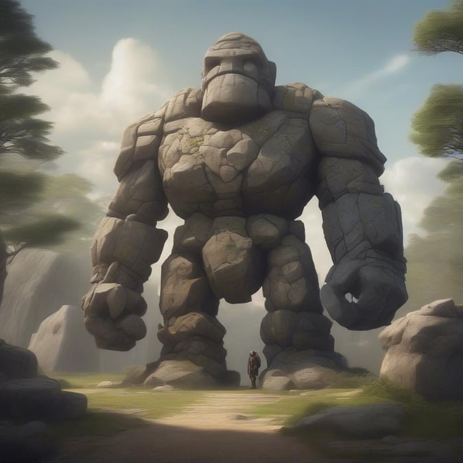 A large stone creature stands tall in a fantasy setting, with a person standing in front of it.