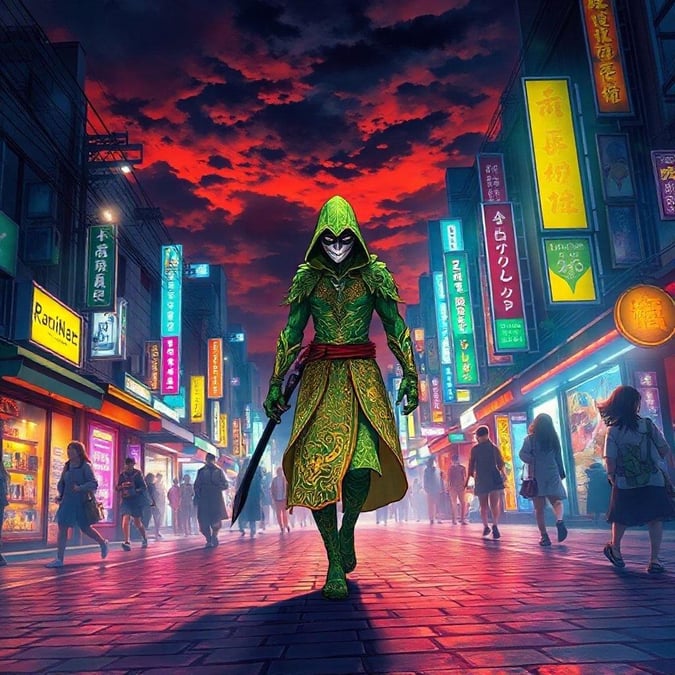 Step into the world of anime with this captivating illustration of a lone assassin navigating a bustling city street. The assassin's vibrant green and yellow body, adorned with intricate patterns and a mask, exudes an air of mystery and danger. The darkening sky adds to the ethereal atmosphere, creating a sense of tension and anticipation.