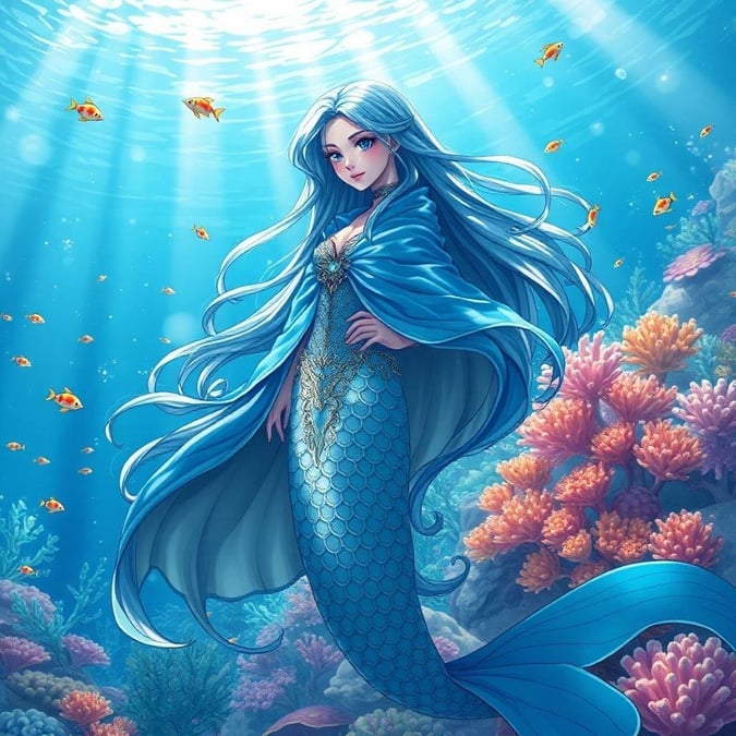 This enchanting wallpaper features a mermaid princess in an underwater kingdom, surrounded by the beauty of the ocean.