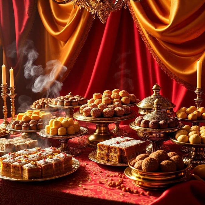 Indulge in the rich flavors and aromas of traditional Ramadan & Eid desserts, beautifully presented on ornate gold platters amidst a backdrop of vibrant red and gold curtains.