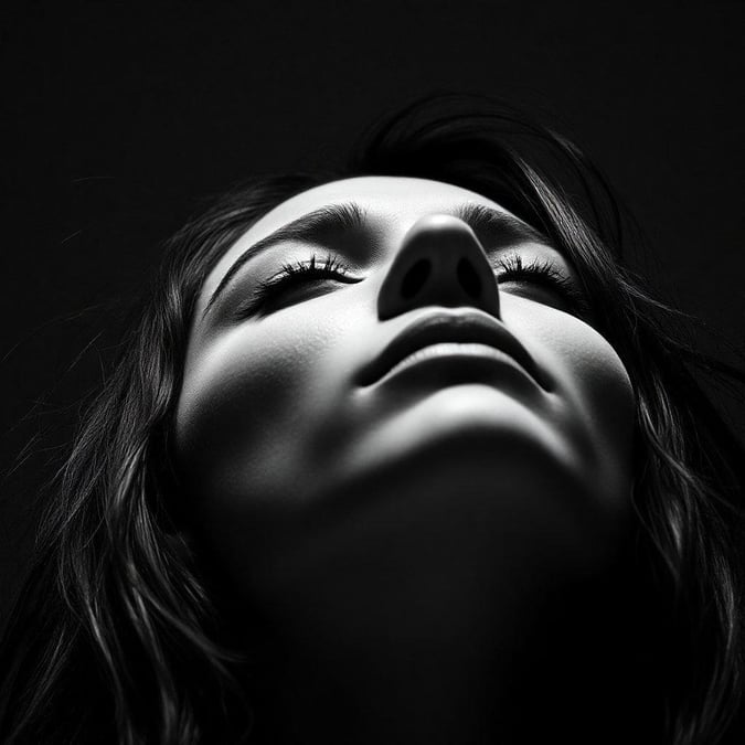 A black and white portrait of a woman lost in thought, her eyes closed as she takes a moment to herself. Perfect for desktop or mobile backgrounds.