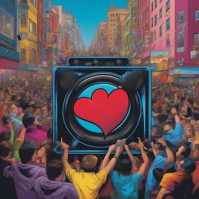 A vibrant crowd gathers around a large heart-shaped speaker, embracing the music that unites them. The colorful street scene paints an image of love and unity.