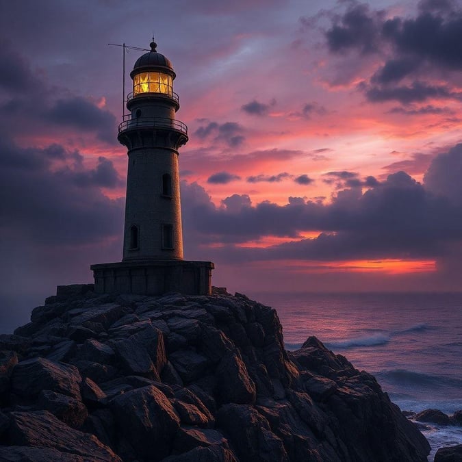 A picturesque lighthouse on a rocky shore with the warm hues of a sunset in the background.