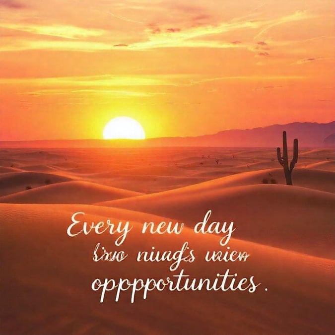 A beautiful sunset over the desert with a cactus in the foreground and a quote about new opportunities.