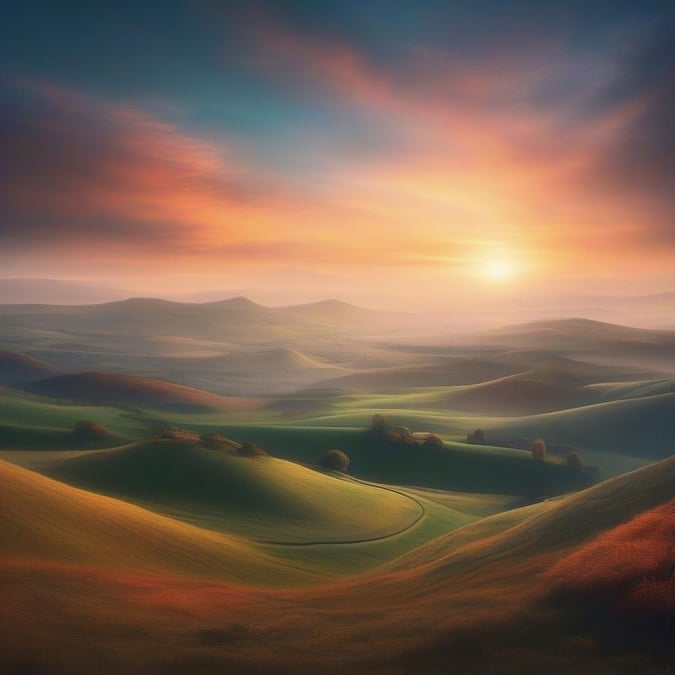 A picturesque view of the sun rising over a hilltop, casting a warm glow on the landscape.