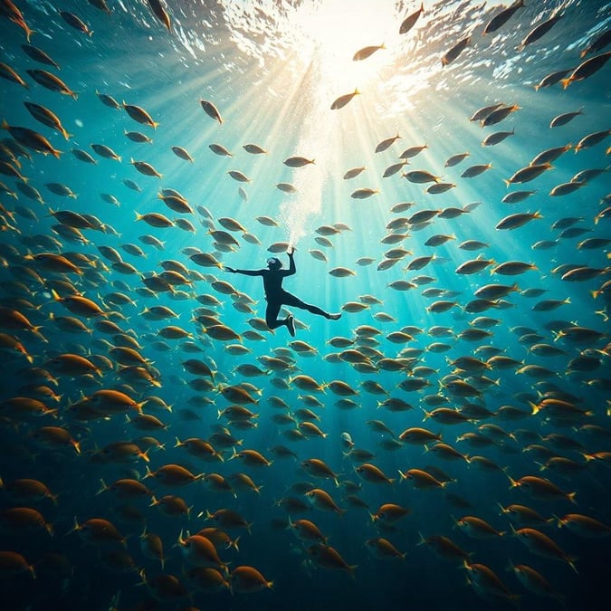 A stunning image of a diver in the ocean, capturing the beauty of the underwater world.