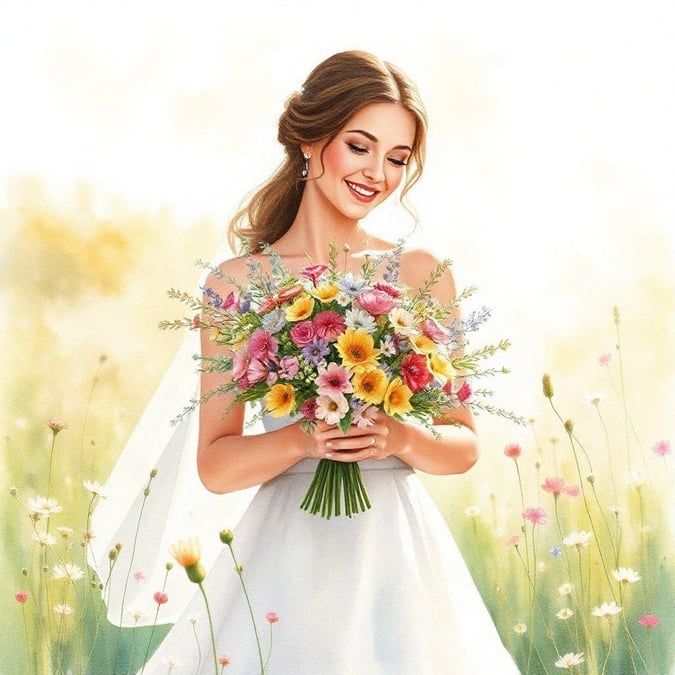 A bride on her wedding day, radiating joy with a bouquet of flowers. A beautiful scene for weddings and anniversaries.