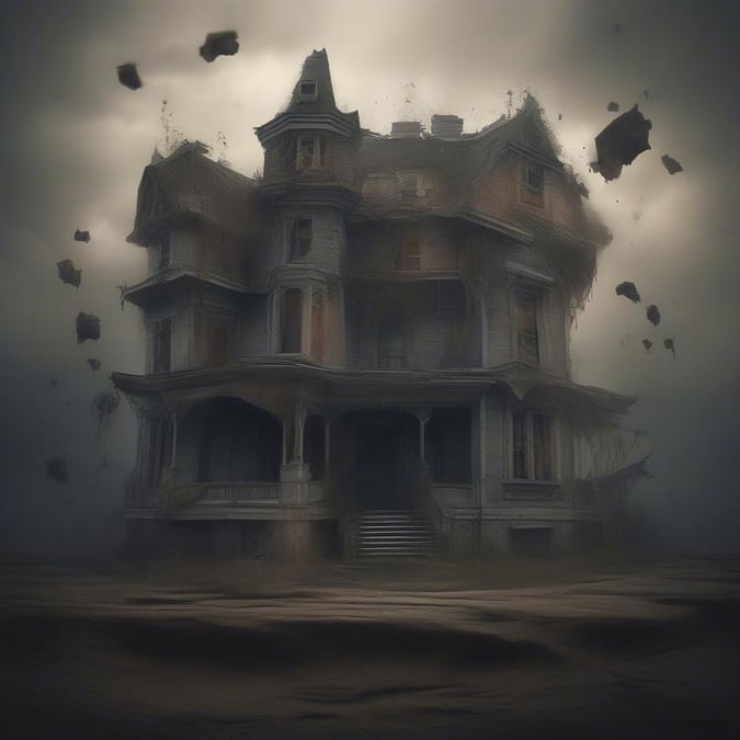 This spooky mansion wallpaper captures the essence of a haunted Halloween landscape. The large abandoned house with peeling paint sits atop a desolate desert plain, surrounded by swirling clouds and falling meteorites, creating an atmosphere of otherworldly tension.