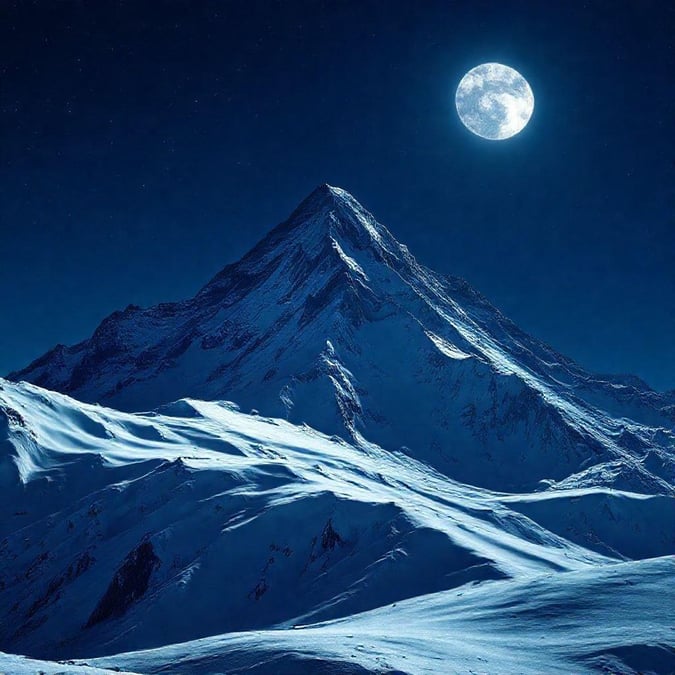 This breathtaking wallpaper captures the serene beauty of a snow-capped mountain under the radiant glow of the moon. The image exudes a sense of tranquility and wonder, inviting the viewer to step into the majestic world of nature.