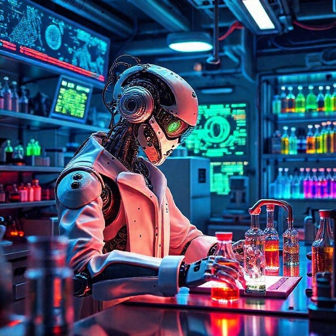 In this futuristic scene, a robotic scientist is engrossed in examining samples on the laboratory bench. Equipped with cutting-edge technology, it seems to be exploring the boundaries of science and discovery. The setting is vibrant and full of scientific equipment, suggesting an advanced research environment.