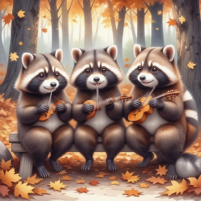 An anime-style illustration capturing the whimsical charm of a trio of tanukis playing instruments in an autumn forest. Their expressive eyes and faces add a touch of mischief to the scene, with their surroundings enhanced by vibrant fall foliage.