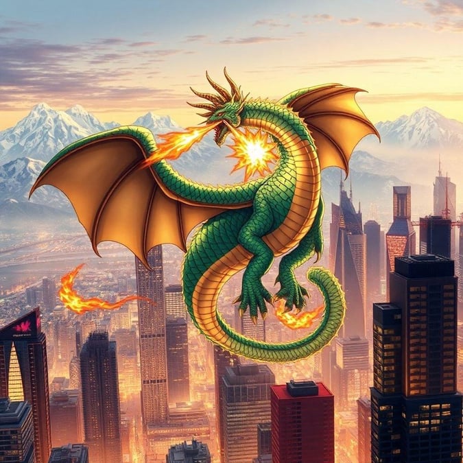 This captivating anime wallpaper features a majestic fantasy dragon perched on a city skyline, breathing fire. The central figure is set against a majestic mountainous backdrop, with tall skyscrapers and their windows revealing the city's secrets. The warm light of the scene captures a sense of calm and tranquility.