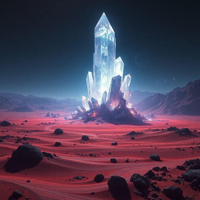 This stunning sci-fi landscape wallpaper features a towering crystal structure in the middle of a vast desert. The crystal tower stands out against the red sand and rocky terrain, creating a striking contrast. The image is perfect for fans of science fiction and fantasy, and would make a great addition to any desktop or mobile wallpaper collection.