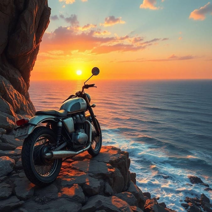 Enjoy the tranquil beauty of sunset overlooking the ocean with your motorcycle companion.