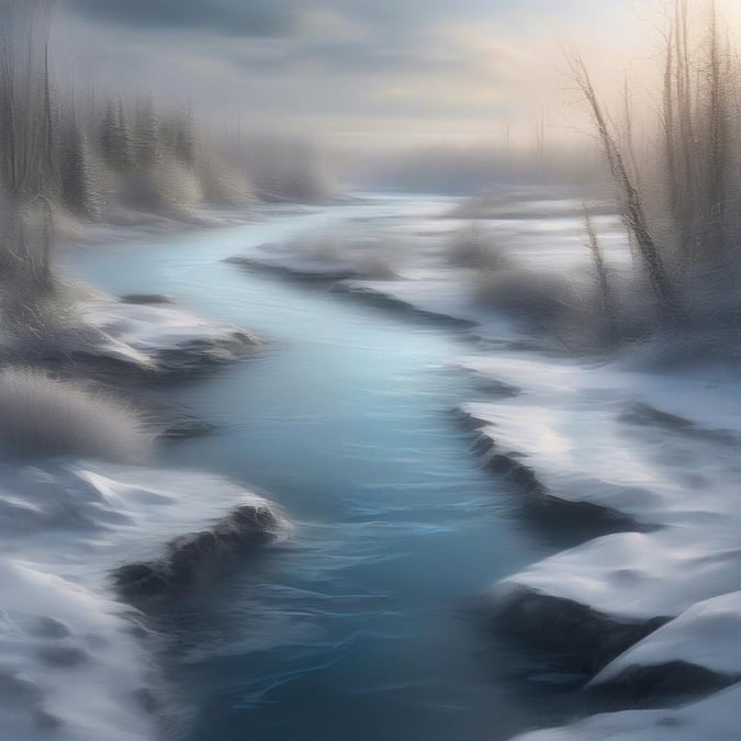 A breathtaking winter scene featuring a frozen river or stream, surrounded by snow-covered trees and bushes.